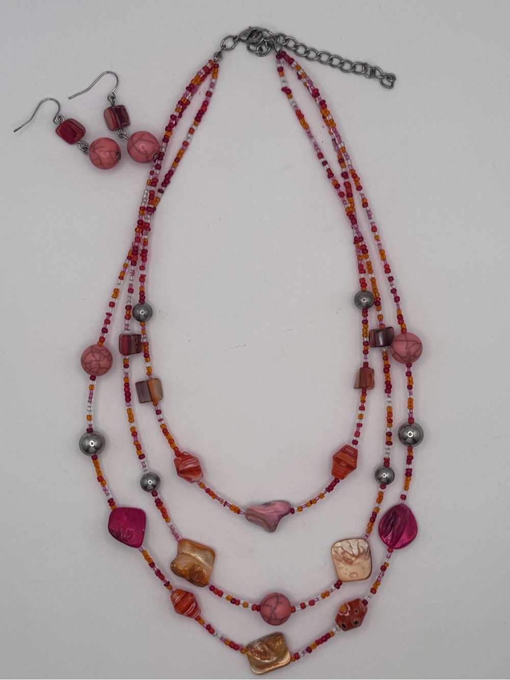 Multi-Strand Pink Beaded Necklace & Earring Set - Women Jewelry